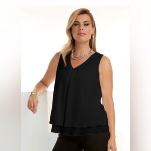 Frank Lyman Design V-Neck Black Blouse Chiffon Layered Tank Size 14
